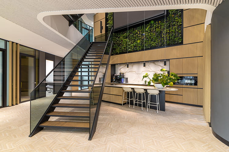 Interior shot of a modern office Van Wanrooij with Master Oak panels